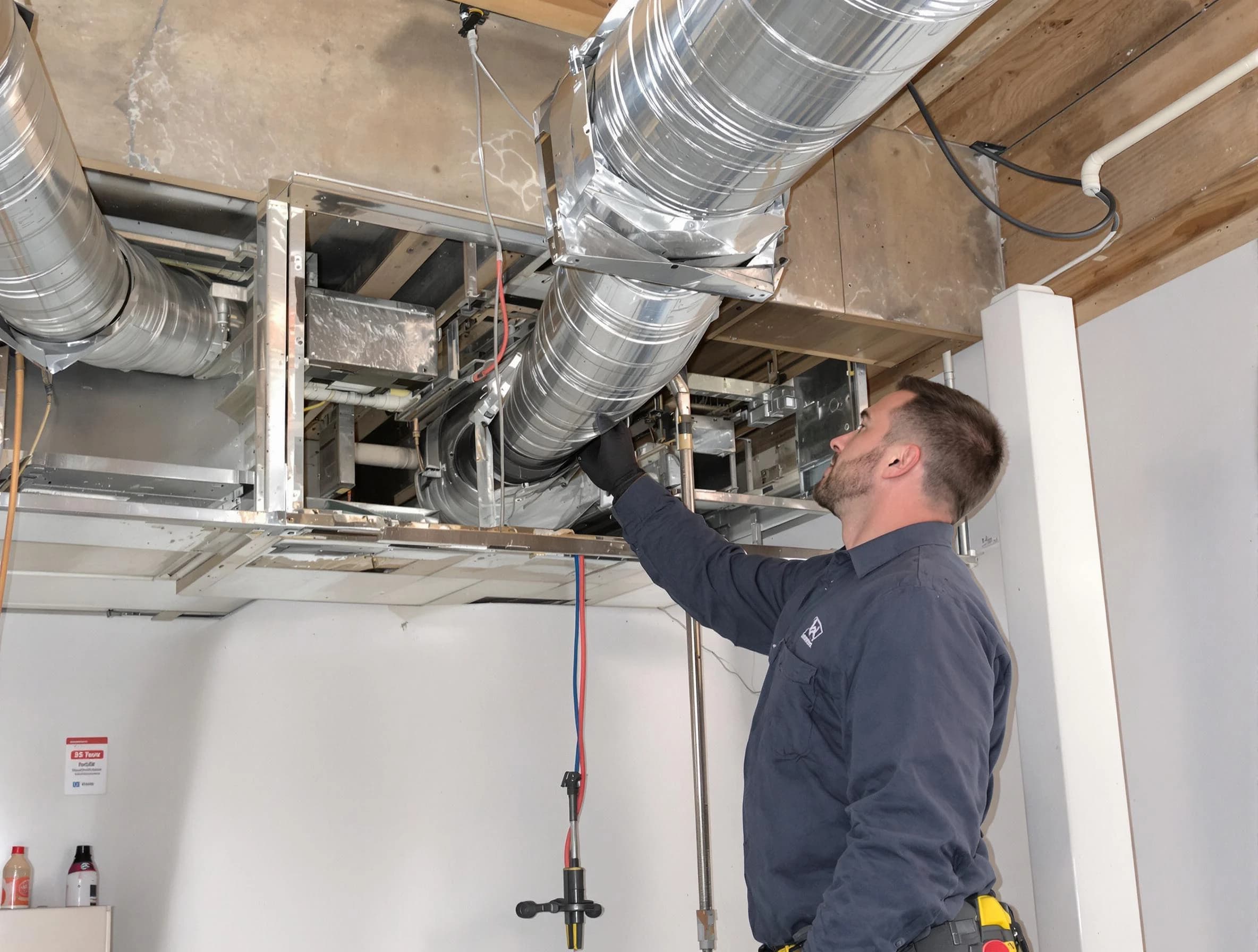 Natick Air Duct Cleaning technician performing professional air duct repair using specialized tools in Natick
