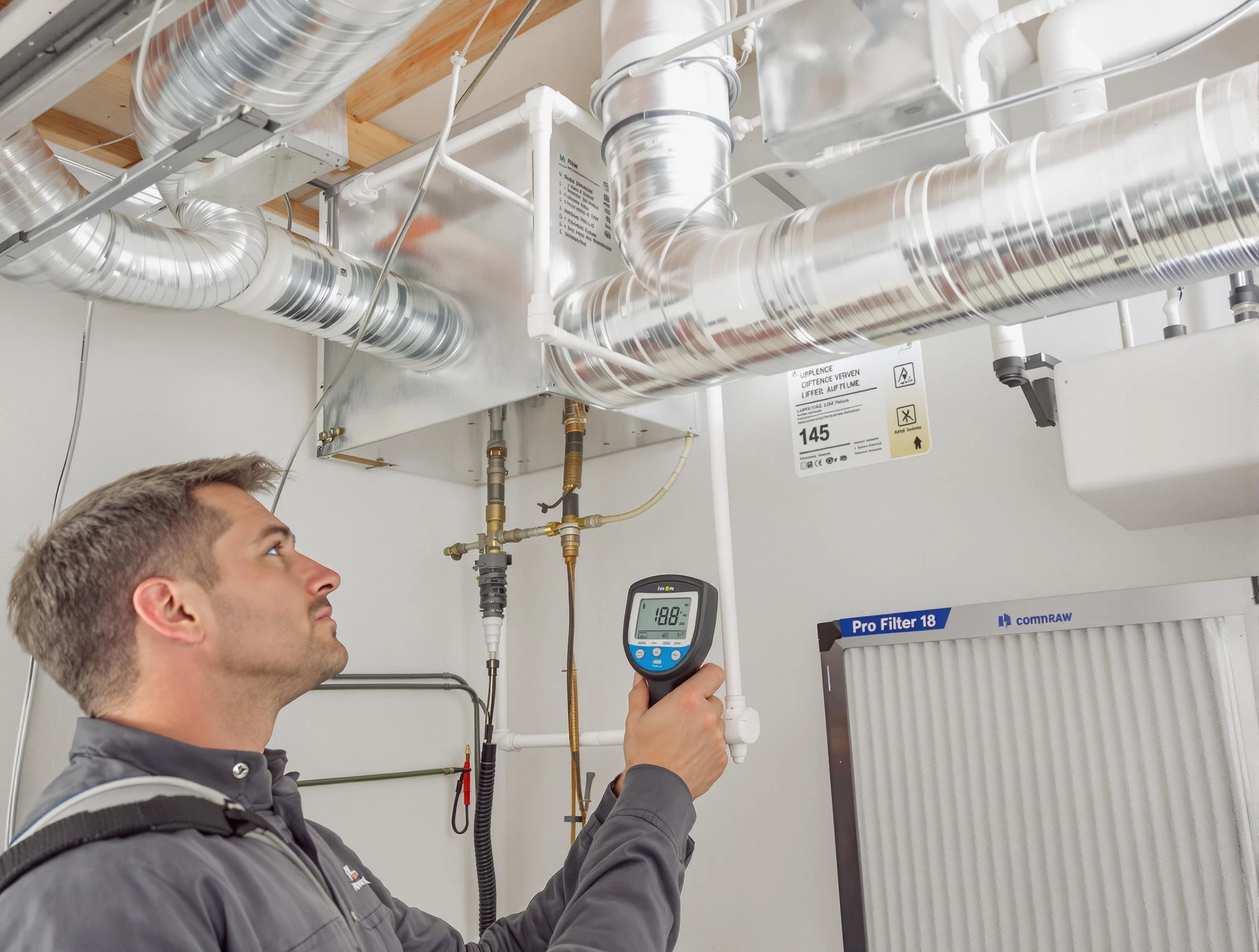 Natick Air Duct Cleaning expert conducting detailed filter system inspection using diagnostic tools in Natick